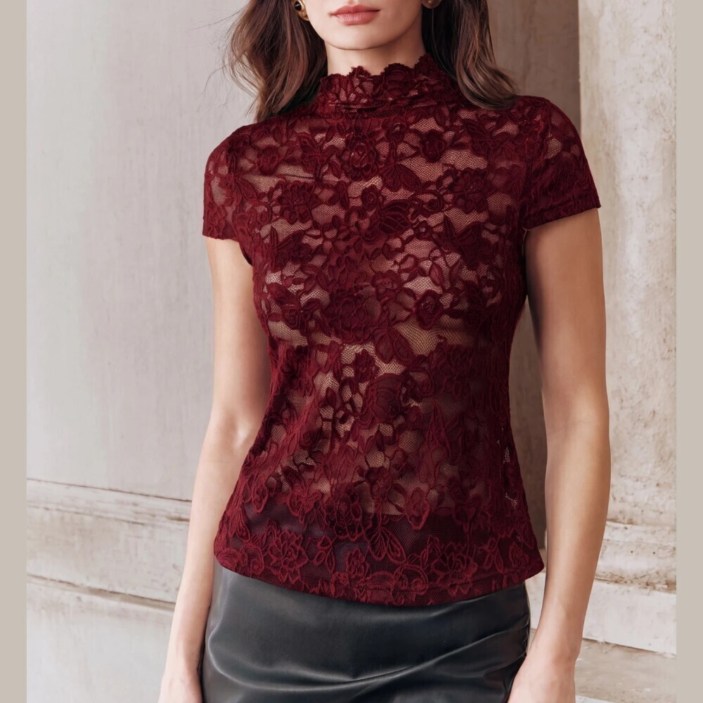 Burgundy Floral Lace Sheer Mock Neck Cap Sleeve Fitted Top
